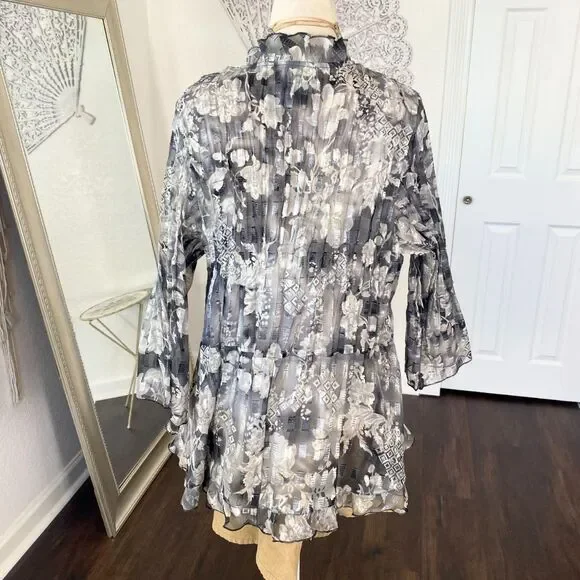 Studio 1940 Silver Grey Sheer Mesh Early 2000's Ruffle Front Tie Cardigan 14 16 - Picture 6 of 7